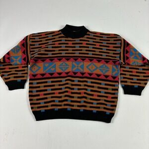 Vintage Spunky Sweater Mens Large Aztec Mock Neck Knit Pullover Geometric USA